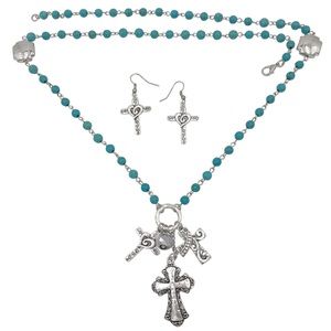 Long 3 Cross Turquoise Stone Silver Charm Necklace Earrings Set
